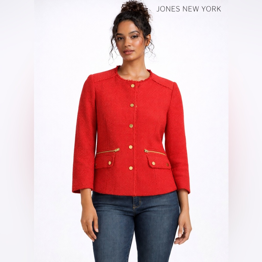 Jones New York Collection Red Tweed Jacket Gold Button Stretch Blazer Size 8